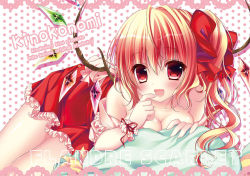 Rule 34 | 1girl, :d, bare shoulders, blonde hair, blush, bow, breasts, character name, cleavage, female focus, finger to mouth, flandre scarlet, hair bow, kino (kino konomi), kino konomi, looking at viewer, lying, no headwear, no headwear, off shoulder, on stomach, open mouth, pillow, polka dot, polka dot background, red eyes, side ponytail, skirt, smile, solo, touhou, wings, wrist cuffs