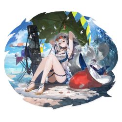 Rule 34 | 1girl, alchemaniac, arknights, armpits, arms up, bare legs, bare shoulders, beach, black choker, blush, breasts, choker, cooler, cup, expressionless, eyewear on head, feet, full body, hair between eyes, hair ornament, hat, unworn hat, head tilt, unworn headwear, highres, knees up, large breasts, long hair, looking at viewer, official alternate costume, official art, red eyes, sandals, sidelocks, silver hair, sitting, skadi (arknights), skadi (waverider) (arknights), solo, sun hat, sunglasses, table, thigh strap, thighs, transparent background, very long hair, weapon bag, whale hair ornament
