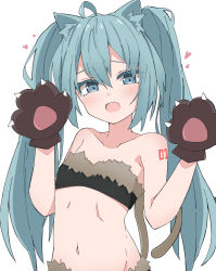Rule 34 | 1girl, :d, ahoge, animal ears, animal hands, bare shoulders, black gloves, blue eyes, blue hair, blush, cat ears, cat girl, cat tail, collarbone, fang, fur trim, gloves, hair between eyes, hands up, hatsune miku, heart, highres, kemonomimi mode, long hair, looking at viewer, maud0239, open mouth, paw gloves, simple background, smile, solo, tail, twintails, very long hair, vocaloid, white background