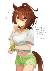Rule 34 | 1girl, agnes tachyon (umamusume), ahoge, animal ears, arm under breasts, artist name, blush, breasts, brown eyes, brown hair, closed mouth, cowboy shot, drawstring, emil1030 blue, floral print, floral swimsuit, gaze on me! outfit (umamusume), green male swimwear, green swim trunks, hibiscus print, highres, horse ears, horse girl, horse tail, looking at viewer, male swimwear, medium hair, midriff, navel, notice lines, print male swimwear, print swim trunks, print swimsuit, scrunchie, shirt, short sleeves, small breasts, solo, sweatdrop, swim trunks, swimsuit, tail, tied shirt, translation request, twitter username, umamusume, white background, white shirt, wrist scrunchie