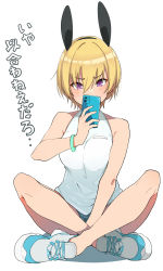 Rule 34 | 1girl, animal ears, arm between legs, bare shoulders, blonde hair, blush, breasts, cellphone, covered mouth, fake animal ears, full body, hand up, haseneko, highres, holding, holding phone, idolmaster, idolmaster shiny colors, indian style, medium breasts, phone, purple eyes, rabbit ears, saijo juri, shirt, shoes, short hair, short shorts, shorts, simple background, sitting, sleeveless, sleeveless shirt, smartphone, sneakers, solo, translation request, v-shaped eyebrows, white background, white footwear, white shirt, wristband