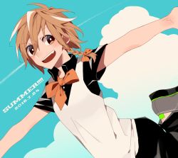 Rule 34 | 1girl, blonde hair, blue sky, braid, cloud, dated, fang, flat color, hair ribbon, happy, hosomitimiti, kirisame marisa, looking at viewer, neck ribbon, open mouth, outstretched arms, ribbon, short hair, sky, smile, solo, touhou, yellow eyes