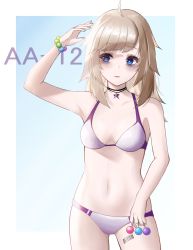 Rule 34 | 1girl, aa-12 (girls&#039; frontline), absurdres, barcode, barcode tattoo, bare shoulders, bikini, blonde hair, blue eyes, bracelet, breasts, bruise, bruised eye, candy, character name, closed mouth, codename696, collarbone, feet out of frame, food, girls&#039; frontline, hand up, highres, holding, holding candy, holding food, holding lollipop, injury, jewelry, leg tattoo, lollipop, long hair, looking up, medium breasts, navel, neck ribbon, necklace, ribbon, simple background, solo, standing, star (symbol), star necklace, swimsuit, tattoo, white bikini
