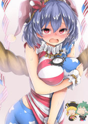 Rule 34 | 3girls, :t, american flag, american flag dress, american flag legwear, american flag shirt, black dress, black shirt, blonde hair, blush, breast hold, breasts, chibi, chibi inset, chikado, chinese clothes, clothes writing, clownpiece, clownpiece (cosplay), commentary request, cosplay, crying, crying with eyes open, dress, embarrassed, frog hair ornament, green hair, hair ornament, hair tubes, hat, hecatia lapislazuli, hecatia lapislazuli (cosplay), jester cap, junko (touhou), junko (touhou) (cosplay), kochiya sanae, large breasts, leaf hair ornament, looking at viewer, moriya suwako, multicolored clothes, multicolored skirt, multiple girls, neck ruff, off-shoulder shirt, off shoulder, pantyhose, plump, polka dot, purple hair, red eyes, rope, shirt, shirt tug, simple background, skirt, sleeveless, sleeveless shirt, smug, snake hair ornament, star (symbol), star print, striped, sweat, t-shirt, taut clothes, taut shirt, tears, touhou, wavy mouth, wrist cuffs, yasaka kanako