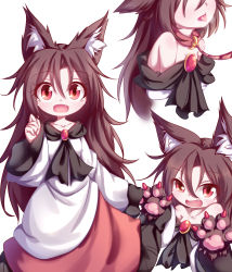 Rule 34 | 1girl, :d, absurdres, animal collar, animal ear fluff, animal ears, animal hands, bare shoulders, breasts, brown hair, collar, commentary request, dior-zi, dress, fang, gloves, heavy breathing, highres, imaizumi kagerou, leash, long hair, looking at viewer, off shoulder, open mouth, paw gloves, red eyes, sleeves past wrists, small breasts, smile, tongue, tongue out, touhou, wide sleeves, wolf ears