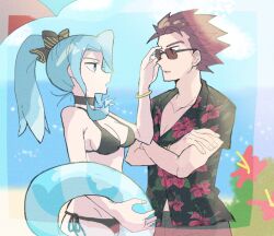 1boy 1girl beach bikini black_bikini black_bow black_choker blue_hair bow bracelet breasts choker clair_(pokemon) creatures_(company) crossed_arms floral_print game_freak hair_bow halterneck hawaiian_shirt high_ponytail highres innertube jewelry lance_(pokemon) long_hair nintendo outdoors pokemon pokemon_hgss print_shirt red_hair shirt shu_(witb_) side-tie_bikini_bottom spiked_hair standing sunglasses swim_ring swimsuit