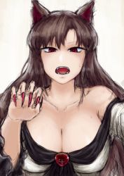 Rule 34 | 1girl, animal ears, breasts, brooch, brown hair, claw pose, cleavage, collarbone, dress, fangs, fingernails, hand up, imaizumi kagerou, jewelry, large breasts, long fingernails, long hair, looking at viewer, nail polish, off shoulder, open mouth, red eyes, red nails, sharp fingernails, sketch, solo, sweat, touhou, upper body, very long hair, white dress, wolf ears, yuugatou (yuuzutu)