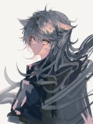 Rule 34 | 1girl, animal ears, arknights, black coat, closed mouth, coat, from behind, grey eyes, hair between eyes, highres, lappland (arknights), long hair, looking at viewer, looking back, messy hair, naijiaer, scar, scar across eye, scar on face, silver hair, simple background, solo, upper body, very long hair, white background, wolf ears