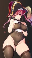 Rule 34 | 1girl, :q, arrow through heart, bare shoulders, bicorne, black thighhighs, blush, bodystocking, breasts, closed mouth, covered navel, gloves, gluteal fold, hair between eyes, hat, heart, heterochromia, highres, hololive, houshou marine, large breasts, leotard, lips, long hair, looking at viewer, masaoka misaki, pirate hat, red eyes, red hair, ribbon, see-through, see-through leotard, simple background, smile, solo, standing, thighhighs, tongue, tongue out, twintails, virtual youtuber, white gloves, yellow eyes