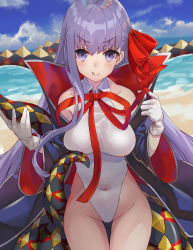 Rule 34 | 1girl, :q, absurdres, bad id, bad pixiv id, bb (fate), bb (fate) (all), bb (swimsuit mooncancer) (fate), bb (swimsuit mooncancer) (third ascension) (fate), beach, black coat, bow, cloud, coat, covered navel, cowboy shot, fate/grand order, fate (series), furrowed brow, gloves, hair bow, highres, leotard, long hair, looking at viewer, popped collar, purple eyes, purple hair, red bow, sky, smile, solo, standing, tentacles, thigh gap, tongue, tongue out, water, white gloves, white leotard, yonkumi (gatling033)