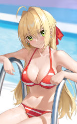 Rule 34 | 1girl, absurdres, ahoge, armpits, bare arms, bare shoulders, bikini, blonde hair, blurry, blurry background, blush, breasts, cleavage, collarbone, day, depth of field, earrings, fate/grand order, fate (series), green eyes, hair between eyes, hair intakes, halterneck, highres, jewelry, large breasts, long hair, looking at viewer, navel, nero claudius (fate), nero claudius (fate) (all), outdoors, pool ladder, red bikini, ring, shenqi xiao hong zai nali, sitting, smile, solo, stomach, striped bikini, striped clothes, swimsuit, very long hair, wedding band, wet