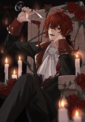 Rule 34 | 1boy, ascot, blood, candle, commentary, cup, diluc (genshin impact), drinking glass, fangs, genshin impact, greentea7954, highres, crossed legs, long hair, low ponytail, male focus, open mouth, red eyes, red hair, sitting, solo, throne, vampire, vampire costume, wine glass