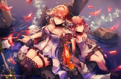 2girls absurdres age_difference aged_down ayakashi9109 bandaged_leg bandages bare_shoulders black_collar black_jacket black_thighhighs braid breasts burnt_clothes changli_(wuthering_waves) cleavage collar collarbone colored_extremities commentary_request dress feather_hair feathers from_above hair_between_eyes hair_extensions hair_ornament highres jacket large_breasts long_hair looking_at_viewer low_twin_braids multiple_girls orange_eyes parted_lips partial_commentary pink_hair red_feathers red_hands ring_hair_extensions sitting smile thigh_strap thighhighs twin_braids white_dress white_hair wuthering_waves