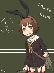 Rule 34 | 1girl, adapted turret, amatsukaze (kancolle), amatsukaze (kancolle) (cosplay), brown dress, brown eyes, brown hair, cosplay, cowboy shot, dress, garter straps, green background, hairband, kantai collection, lifebuoy, looking at viewer, open mouth, red thighhighs, round teeth, sailor dress, shimakaze (kancolle), shimakaze (kancolle) (cosplay), short dress, short hair, simple background, smile, solo, suzuya kirie, swim ring, teeth, thighhighs, upper teeth only, yukikaze (kancolle)