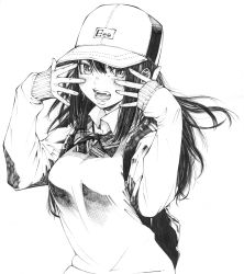 Rule 34 | 1girl, absurdres, arms up, blush, bow, bowtie, breasts, collared shirt, commentary request, fang, gagaimo, greyscale, hair between eyes, hand over face, hat, highres, long hair, long sleeves, medium breasts, monochrome, open mouth, original, school uniform, shirt, simple background, solo, spread fingers, teeth, tongue