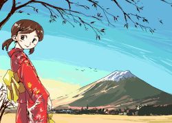 Rule 34 | 1girl, brown hair, female focus, japanese clothes, kimono, mount fuji, mountain, oekaki, original, solo
