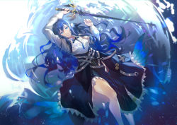 Rule 34 | 1girl, absurdres, afloat, arknights, astesia (arknights), blue eyes, blue hair, blue ribbon, blue skirt, bright pupils, buckle, collared shirt, feet out of frame, frills, highres, holding, holding sword, holding weapon, knee up, long hair, long sleeves, looking at viewer, parted lips, rhine lab logo, ribbon, shirt, skirt, solo, sword, teeth, weapon, white pupils, white shirt, yumuto (spring1786)