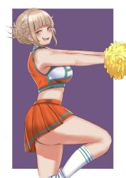 Rule 34 | 1girl, absurdres, alternate costume, bare shoulders, blonde hair, blunt bangs, boku no hero academia, breasts, cheerleader, double bun, from side, hair bun, highres, large breasts, looking at viewer, messy hair, open mouth, purple background, simple background, smile, socks, solo, standing, toga himiko, u.a. cheerleader uniform, white background, white socks, yellow eyes