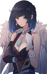 Rule 34 | 1girl, adjusting clothes, adjusting gloves, asymmetrical gloves, bead necklace, beads, black gloves, black hair, blue hair, blush, breasts, cleavage, diagonal bangs, dice, earrings, elbow gloves, genshin impact, gloves, gradient hair, green eyes, highres, jacket, jacket on shoulders, jewelry, large breasts, mismatched gloves, mole, mole on breast, multicolored hair, necklace, parted lips, short hair, simple background, single elbow glove, sleeveless, solo, sukuemon, tassel, uneven gloves, upper body, white background, white gloves, white jacket, yelan (genshin impact)
