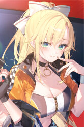 Rule 34 | 1girl, black choker, blonde hair, bow, breasts, choker, cleavage, closed mouth, crop top, cropped jacket, green eyes, hair bow, halterneck, hand up, jacket, large breasts, long hair, looking at viewer, midriff, navel, open clothes, open jacket, orange jacket, ponytail, race queen, regina mercedes, riselia ray crystalia, seiken gakuin no maken tsukai, shirt, smile, solo, toosaka asagi, upper body, wrist cuffs, zipper