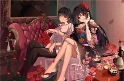 Rule 34 | 1boy, 1girl, antique phone, bed, black footwear, black hair, black kimono, black pants, blush, bottle, breasts, chinese commentary, closed mouth, collared shirt, commentary request, crossed legs, cuffs, cup, drinking glass, fingernails, flower, foot out of frame, grey eyes, hair flower, hair ornament, hand on own cheek, hand on own face, hand up, handcuffs, japanese clothes, k12io, kimono, long sleeves, looking at another, looking at viewer, medium breasts, nail polish, off shoulder, okobo, on bed, open mouth, original, painting (object), pants, petals, phone, platform clogs, red eyes, red flower, red nails, rose, rotary phone, sandals, shirt, short hair, short sleeves, sitting, smile, teeth, upper teeth only, white shirt, wide sleeves, wine bottle, wine glass
