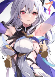 Rule 34 | 1girl, armpits, arms up, bare shoulders, breasts, butterfly hair ornament, closed mouth, expressionless, genshin impact, gradient sleeves, grey hair, hair between eyes, hair ornament, highres, long hair, looking at viewer, medium breasts, pov, pov hands, red eyes, skirk (genshin impact), solo, sweatdrop, tomas (kaosu22), upper body, very long hair, white background