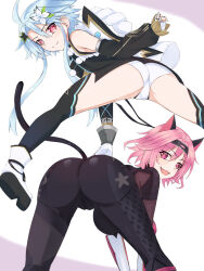 Rule 34 | 2girls, ahoge, alternate costume, animal ears, ass, ass focus, bare shoulders, bent over, blue hair, blush, bodysuit, boots, cameltoe, cat ears, cat tail, catsuit, choujigen game neptune, fang, fingerless gloves, from behind, gloves, highres, huge ass, leotard, looking at viewer, looking back, multiple girls, neptune (series), open mouth, pink eyes, pink hair, red eyes, short hair with long locks, skin tight, smile, tail, thigh boots, thighhighs, white heart (neptunia), yuuki (neptunia), zatsu