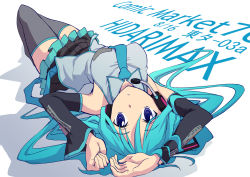 Rule 34 | 1girl, aqua hair, arched back, arms up, bare shoulders, blue eyes, breasts, detached sleeves, expressionless, hatsune miku, headphones, headset, katochin (skpresents), large breasts, long hair, lying, necktie, on back, open mouth, skirt, solo, thighhighs, twintails, upside-down, very long hair, vocaloid, zettai ryouiki