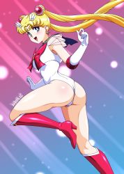 Rule 34 | 1girl, 2022, absurdres, ass, bishoujo senshi sailor moon, blonde hair, blue eyes, boots, bow, circlet, crescent, crescent earrings, danmakuman, double bun, earrings, elbow gloves, gloves, hair bun, high heel boots, high heels, highres, jewelry, knee boots, leotard, open mouth, retro artstyle, sailor moon, see-through, signature, smile, solo, super sailor moon, tsukino usagi, twintails, white gloves, white leotard