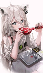 Rule 34 | 1girl, ahoge, animal ears, anizi, black nails, ear piercing, eating, food, grey eyes, grey hair, highres, holding, holding food, hololive, lion ears, lion girl, long hair, meat, off-shoulder shirt, off shoulder, piercing, print shirt, shirt, shishiro botan, shishiro botan (casual), simple background, sitting, solo, virtual youtuber