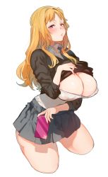 Rule 34 | 1girl, bad id, bad twitter id, blonde hair, blush, breasts, camera flash, cellphone, cleavage, clothes lift, cropped legs, curvy, covered erect nipples, fang, highres, holding, huge breasts, lifted by self, long hair, long sleeves, looking at viewer, orange eyes, phone, pleated skirt, puffy nipples, school uniform, selfie, shirt, shirt lift, simple background, skirt, smartphone, solo, sweater, sweater lift, thick thighs, thighs, white background, yzh chan