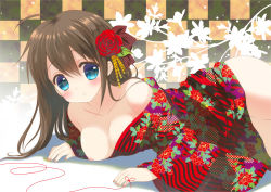 Rule 34 | 1girl, blue eyes, blush, breast slip, breasts, brown hair, checkered background, cleavage, female focus, flower, hair flower, hair ornament, japanese clothes, kimono, kimono pull, kuro (nyago kuromaru), looking at viewer, lying, nail polish, nipples, no bra, on stomach, one breast out, original, solo, string, string of fate