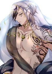 Rule 34 | 1boy, arm strap, armband, bird, black hair, breasts, chain, chest tattoo, choker, eye tattoo, gold, gold armband, gold chain, gold choker, gold trim, green eyes, grey hair, harem outfit, highres, jewelry, male focus, mole, mole on breast, multicolored hair, nipples, nu carnival, owl, parted lips, rei (nu carnival), see-through, short hair, short ponytail, shoulder tattoo, side tattoo, silk, tattoo, teeth, veil, white background, yadome810