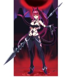 Rule 34 | &gt;:), 10s, 1girl, aged up, alternate hairstyle, bare shoulders, black gloves, black pants, blood, blue eyes, blue ribbon, breasts, castle, claws, closed mouth, detached sleeves, dragon tail, elizabeth bathory (fate), elizabeth bathory (fate/extra ccc), fate/extra, fate/extra ccc, fate (series), full body, gloves, groin, hair intakes, hair ribbon, high heels, highres, hinomoto madoka, holding, holding weapon, horns, large breasts, long hair, looking at viewer, moon, pants, pink hair, pointy ears, polearm, ponytail, pool of blood, red moon, revealing clothes, ribbon, sidelocks, smile, solo, spear, standing, standing on liquid, tail, transparent background, v-shaped eyebrows, very long hair, weapon