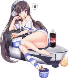 Rule 34 | 1girl, aircraft, airplane, alternate costume, ass, azur lane, barefoot, between toes, bird, black hair, blue eyes, breasts, chick, chips (food), cleavage, clothes writing, cola, controller, eating, feet, food, full body, haluka (aixioo), headphones, holding, long hair, long island (azur lane), long island (long island - indoor slacker) (azur lane), lying, machinery, no shoes, off-shoulder shirt, off shoulder, official art, potato chips, remote control, shirt, simple background, single sock, socks, soda bottle, striped clothes, striped socks, t-shirt, toes, translation request, transparent background, you work you lose