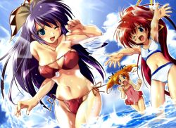 Rule 34 | 00s, 3girls, :d, ;d, aoi umi no tristia, beach, bikini, blonde hair, blue eyes, breasts, casual one-piece swimsuit, cleavage, day, fawly, fawly (aoi umi no tristia), hair ribbon, highres, komatsu eiji, large breasts, long hair, midriff, multiple girls, nanoca flanka, navel, nene hampdon, one-piece swimsuit, one eye closed, open mouth, outdoors, purple hair, red hair, ribbon, side-tie bikini bottom, smile, splashing, swimsuit, twintails, wading, water, wink
