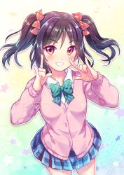 Rule 34 | 1girl, :d, artist name, black hair, blue skirt, blush, bow, bowtie, cowboy shot, double m/, gradient background, hair bow, jacket, long sleeves, looking at viewer, love live!, love live! school idol project, m/, miniskirt, neko-rina, nico nico nii, open mouth, pink jacket, plaid, plaid skirt, pleated skirt, red bow, red eyes, school uniform, short hair, short twintails, skirt, smile, solo, standing, striped bow, striped bowtie, striped clothes, striped neckwear, tareme, twintails, watermark, web address, wing collar, yazawa nico