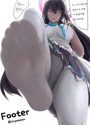 Rule 34 | 1girl, absurdres, black hair, blue archive, blush, breasts, dark skin, feet, footer@unyaaan, gloves, halo, highres, karin (blue archive), large breasts, long hair, looking at viewer, maid headdress, panties, panties under pantyhose, pantyhose, pantyshot, parted lips, soles, toes, translated, underwear, white pantyhose, yellow eyes