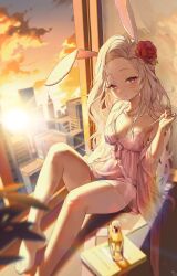 Rule 34 | 1girl, absurdres, animal ears, babydoll, bare shoulders, barefoot, blonde hair, blush, bodiedwile, breasts, closed mouth, cloud, commission, flower, foot out of frame, hair flower, hair ornament, highres, indoors, long hair, mole, mole under eye, orange sky, original, pink babydoll, pink eyes, rabbit ears, red flower, red rose, rose, sitting, sky, small breasts, smile, solo, spaghetti strap, strap pull, sun, sunset, wavy hair