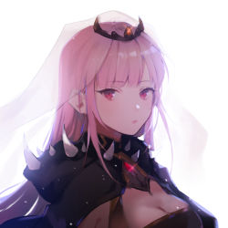 Rule 34 | 1girl, absurdres, backlighting, black cloak, black dress, breasts, center opening, cleavage, cloak, closed mouth, commentary, dress, expressionless, gem, glint, highres, hololive, hololive english, lips, long hair, looking at viewer, medium breasts, miho-tyan, mori calliope, pink hair, red eyes, sidelocks, simple background, solo, spikes, tiara, upper body, veil, virtual youtuber, white background