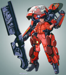 Rule 34 | 1boy, 2022, akira (manga), angry, black eyes, black hair, bubblegum crisis, commentary, crossover, cyberpunk, dated, energy cannon, english commentary, exoskeleton, gloves, jacket, jeff sorley, kaneda shoutarou (akira), machinery, mecha, motoslave, official style, original, redesign, robot, roundel, science fiction, serious, short hair, simple background, united states air force