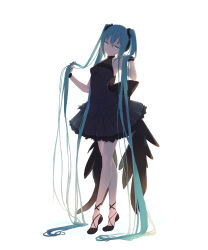 Rule 34 | 1girl, absurdly long hair, absurdres, ankle lace-up, aqua eyes, aqua hair, back bow, bare legs, black bow, black dress, black footwear, bow, breasts, commentary, cross-laced footwear, dress, full body, hair flowing over, hair ornament, hair over shoulder, hatsune miku, head tilt, highres, holding, holding hair, jitome, long hair, looking at viewer, shoes, simple background, sleeveless, sleeveless dress, small breasts, solo, standing, tiptoes, twintails, very long hair, vocaloid, white background, wrist cuffs, yukino030yu ri