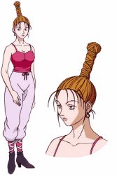 Rule 34 | 1990s (style), 1girl, baise, bare shoulders, blue eyes, braid, breasts, brown hair, camisole, cleavage, female focus, high heels, highres, hunter x hunter, large breasts, lips, long hair, official art, pants, solo, standing