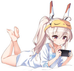 Rule 34 | 1girl, ayanami (azur lane), azur lane, bare legs, handheld game console, hori (hori no su), lying, mask, mask on head, official art, on stomach, ponytail, shirt, solo, white shirt