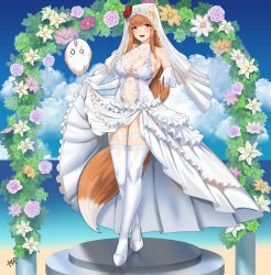 Rule 34 | 1girl, alternate breast size, alternate costume, animal ears, breasts, bride, dress, elbow gloves, full body, gloves, high heels, highres, holo, kisaragi tsurugi, lace, lace-trimmed legwear, lace trim, large breasts, long hair, orange hair, red eyes, sidelocks, sleeveless, sleeveless dress, solo, spice and wolf, standing, tail, thighhighs, wedding dress, white dress, white footwear, white gloves, white thighhighs, wolf ears, wolf girl, wolf tail