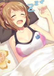 Rule 34 | 10s, 1girl, bad id, bad pixiv id, bare arms, bare shoulders, blanket, breasts, brown hair, cccpo, closed eyes, collarbone, food, fruit, gundam, gundam build fighters, gundam build fighters try, hoshino fumina, large breasts, mandarin orange, md5 mismatch, open mouth, pillow, ponytail, scrunchie, sleeping, solo, sports bra, two-tone sports bra, zzz