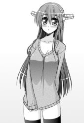 Rule 34 | 10s, 1girl, alternate costume, arm behind back, breasts, casual, cleavage, cowboy shot, embarrassed, gradient background, greyscale, hair between eyes, hair ornament, hairband, hairclip, haruna (kancolle), kantai collection, kiryuu makoto, long hair, looking at viewer, monochrome, no pants, parted bangs, pulled by self, solo, standing, surprised, sweater, thighhighs, very long hair, zettai ryouiki