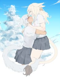 Rule 34 | 10s, 2girls, animal ears, blonde hair, blue skirt, breasts, cat ears, cat tail, closed eyes, cloud, commentary request, dark-skinned female, dark skin, day, facial mark, final fantasy, final fantasy xiv, from side, hair ornament, hairclip, hug, interlocked tails, long hair, medium breasts, miqo&#039;te, multiple girls, pleated skirt, see-through, shirt, silver hair, skirt, smile, tail, wagashi (goma dango), warrior of light (ff14), white shirt