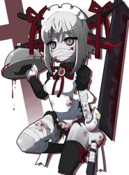 Rule 34 | 1girl, bandages, blood, grey eyes, hatchet, maid, maid headdress, monster, monster girl, mukai keiichirou, original, solo, tagme, weapon, zombie