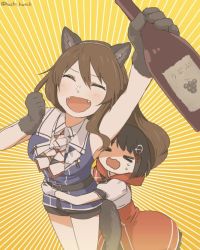 Rule 34 | &gt; &lt;, 10s, 2girls, adapted costume, animal ears, ashigara (kancolle), black hair, blush, bottle, brown hair, closed eyes, fake animal ears, fang, gloves, grabbing, grabbing from behind, hachi (hachi hatch), haguro (kancolle), hair ornament, kantai collection, little red riding hood, long hair, multiple girls, open mouth, short hair, tail, tears, wavy mouth, wine bottle, wolf ears, wolf tail